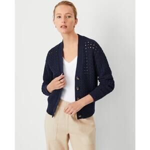 Ann Taylor Weekend Knit Stitch‎ V-Neck Cardigan Navy Blue Size XS Petite